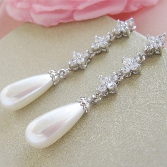 Long Cubic Zirconia Post Stud Earrings With Pearl Drops Nadri Style - Picture 1 of 7